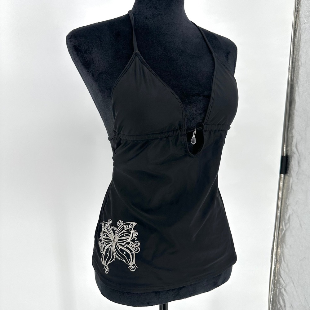Y2K Candies Black Butterfly Rhinestone Swim Halter Top Tankini Backless S/M